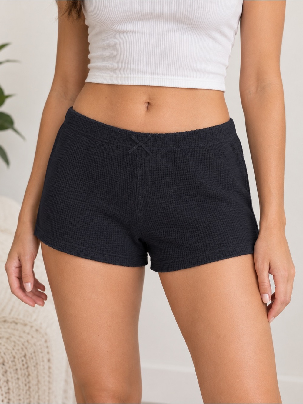 Garage navy blue ribbed/waffle-knit lounge shorts, size Small